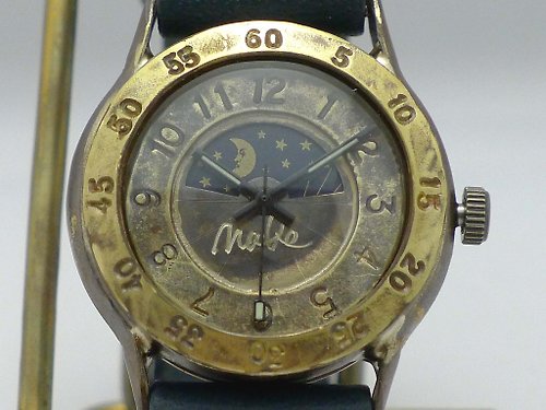 手作り時計 渡辺工房 Hand Craft Watch "Watanabe-KOBO" 手作り時計 HandCraftWatch Sun&Moon Men's Brass32mm 分表示ベゼル (359S&M NV)