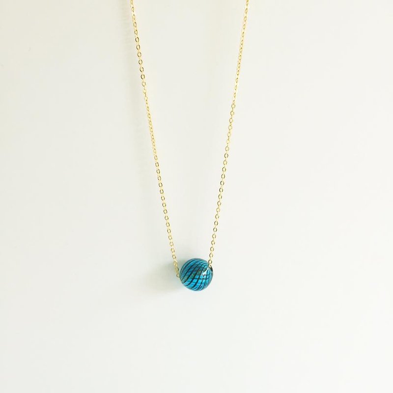 Mini-planet pin ossicular chain necklace glass bead necklace blue sapphire blue and striped wooden bead bead geometry of original hand-made 16K gold-copper-plated chain Ball Royal Blue geometric Necklace Handmade - Necklaces - Other Materials Blue