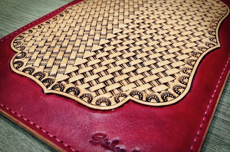 APEE leather handmade ~ leather carving ipad mini 4 leather case ~ woven pattern retro burnt tea - เคสแท็บเล็ต - หนังแท้ 