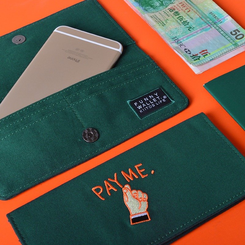 kiitos life-funny系列帆布对折长款钱包--墨绿色买单手势款 - 長短皮夾/錢包 - 棉．麻 綠色