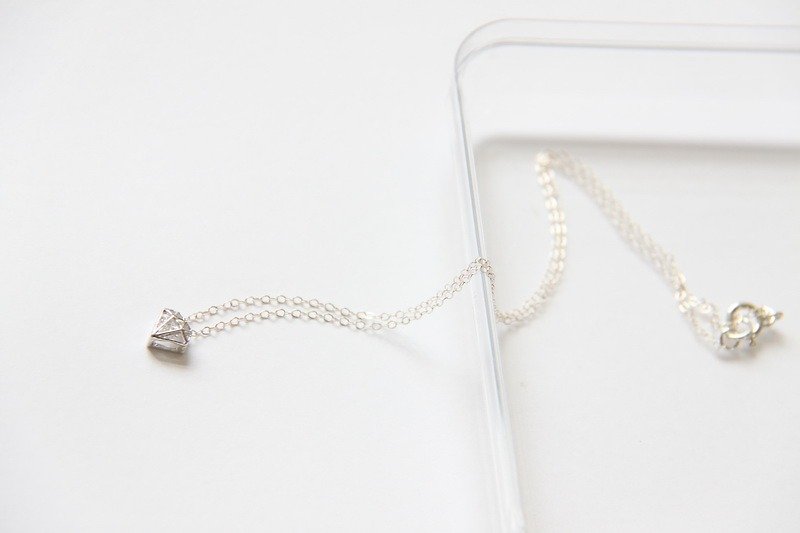 鑽+鑽 項鍊 (銀) / Silver Diamond shape charm with cubic Zirconia silver chain pendant - 項鍊 - 寶石 銀色