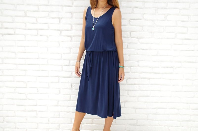 Adult's Sleeveless Browsing One Piece Dress <Navy> - One Piece Dresses - Other Materials Blue