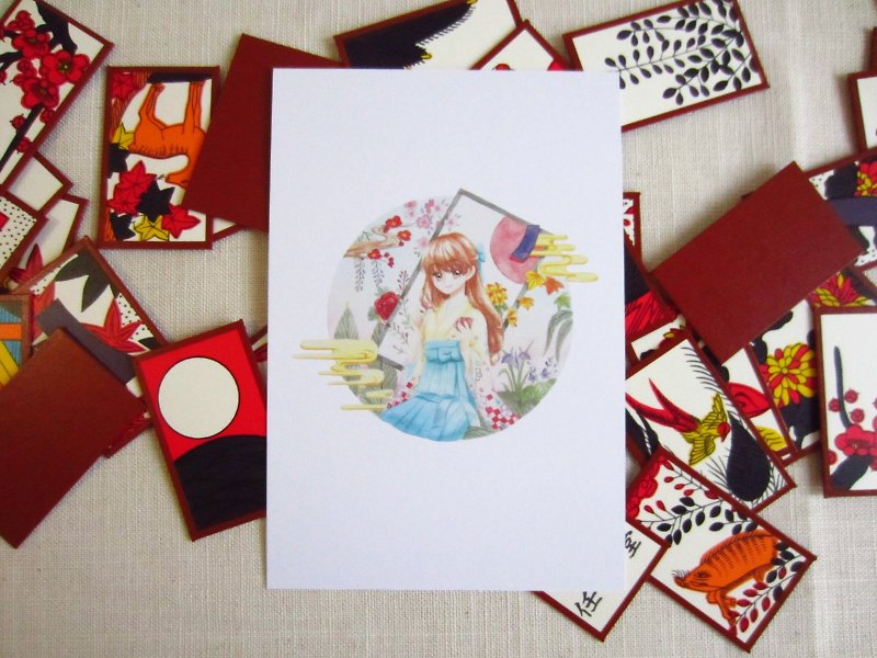 花札ガール - ゲームの少女ポストカード - カード・はがき - 紙 多色