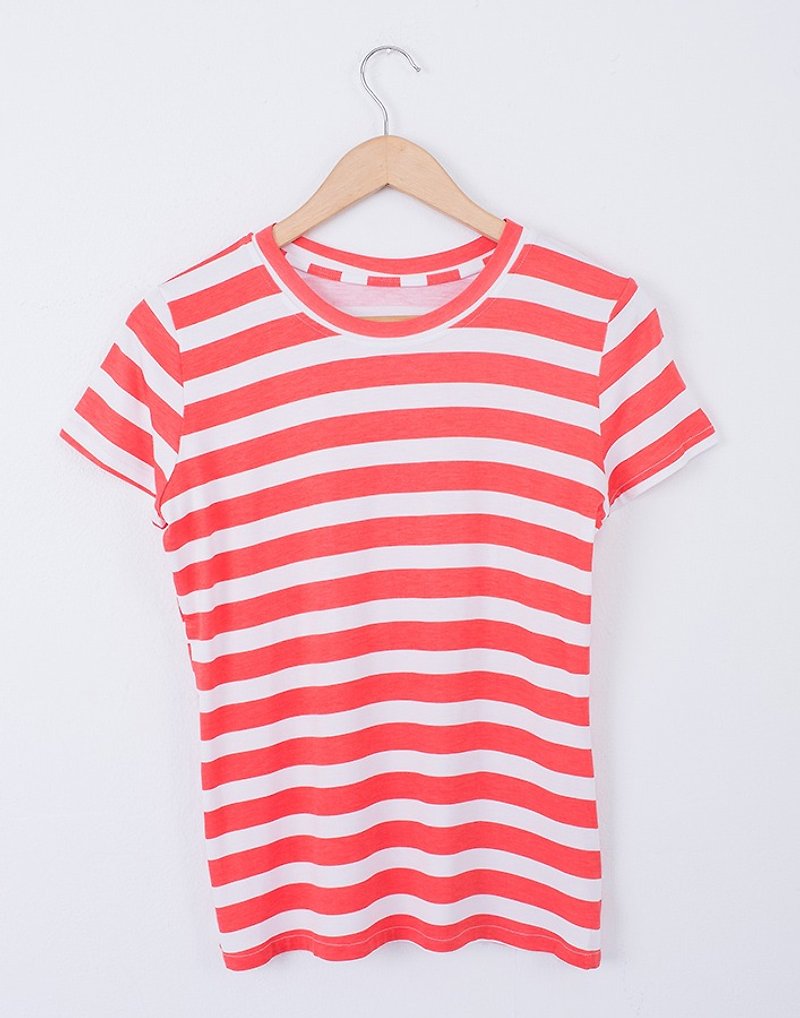 ストライプTシャツプリントT- - Tシャツ - その他の素材 オレンジ