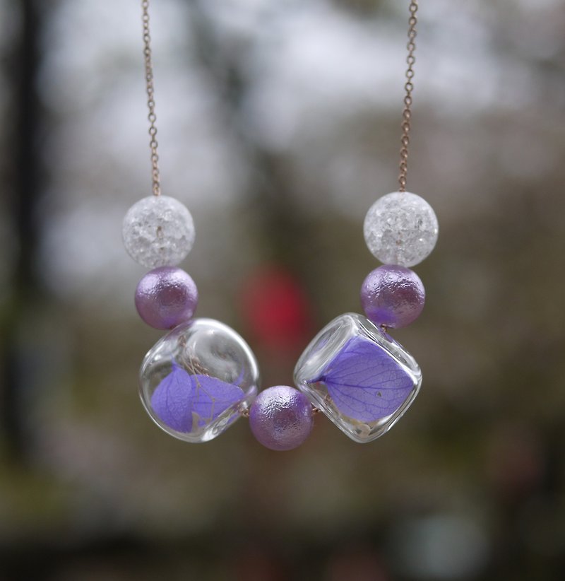 Geometric square ball beads purple amaranth hydrangea original hand-made glass beads necklace jewelry necklace rhodium plated copper chain Beads Ball Necklace Purple Free Shipping - สร้อยติดคอ - วัสดุอื่นๆ สีม่วง