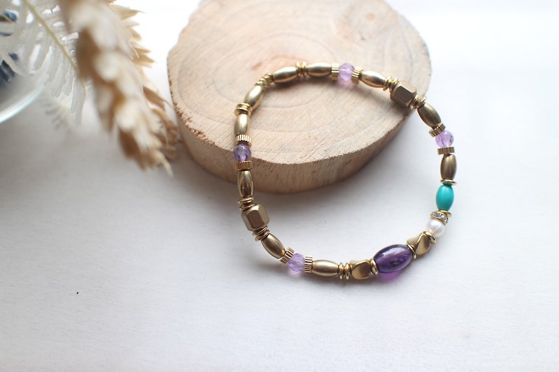 Fuchia~Old poem~Amethyst/ Turquoise/ Brass handmade bracelet - Bracelets - Other Metals 