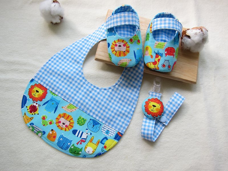 123動物園-嬰兒寶貝彌月組/寶寶鞋+圍兜+奶嘴鏈(三件組) - 滿月禮物 - 其他材質 藍色