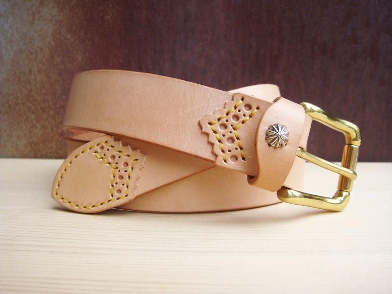 [ISSIS] Original color vegetable tanned leather hand-carved leather belt - Other - Genuine Leather Gold