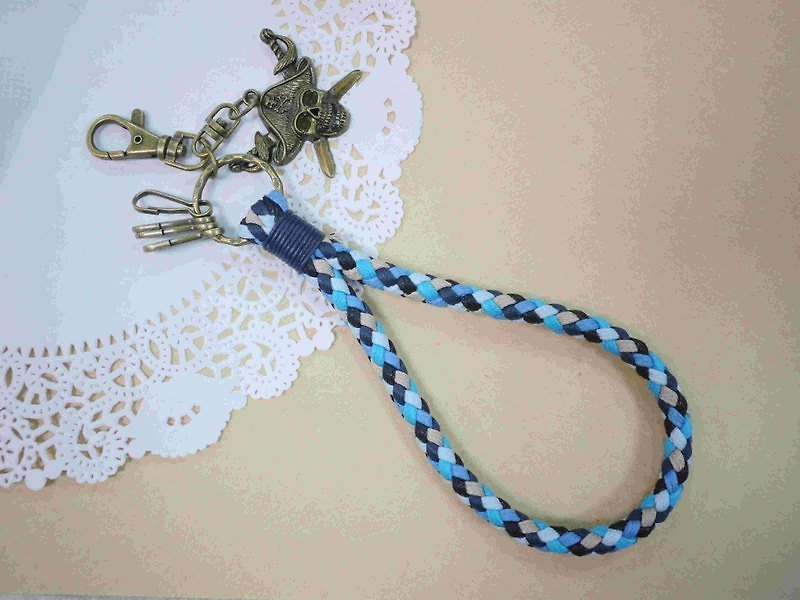 ~M+Bear~ Vintage woven key ring, Wax thread woven key ring (blue) - Other - Cotton & Hemp Blue