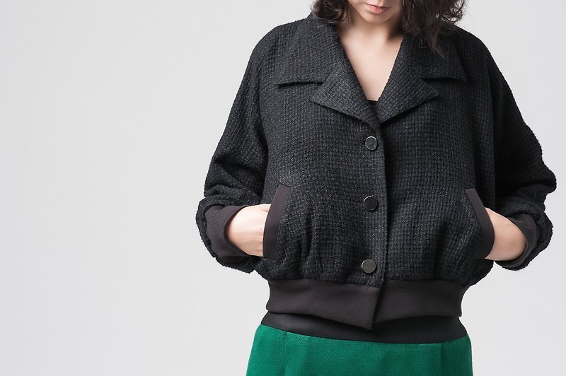 【jacket】編織毛呢短版外套 - 女大衣/外套 - 羊毛 黑色