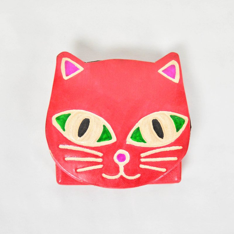 Suede purse _ big eyes cat - Coin Purses - Genuine Leather Red