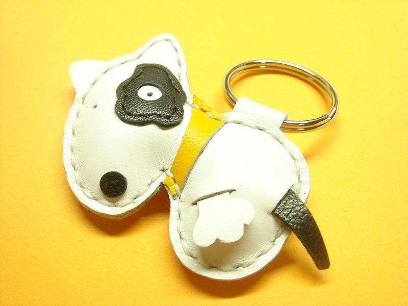 { Leatherprince 手工皮革 } 台灣MIT 白色 可愛 賤狗 純手工縫製 皮革 鑰匙圈 / VW the Bull Terrier Leather Keychain ( White ) - พวงกุญแจ - หนังแท้ 