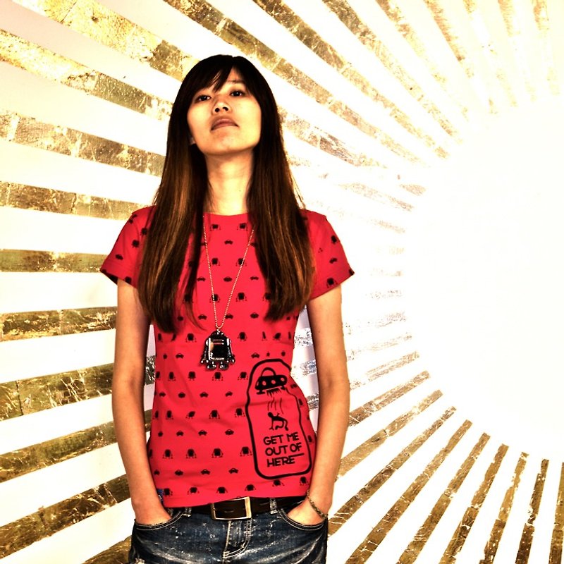 [Buy one get one free] Get me out of here UFO robot striped T-shirt red - Men's T-Shirts & Tops - Cotton & Hemp Red