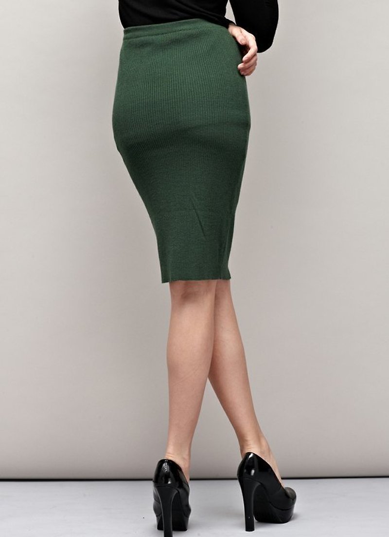 大地綠螺紋針織羊毛裙 Rib Wool Blend Skirt - กระโปรง - วัสดุอื่นๆ สีเขียว