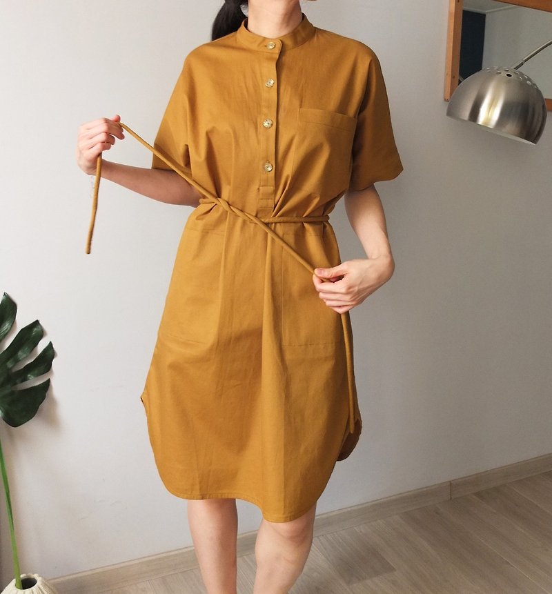 芥茉褐黃綁帶襯衫式洋裝 - 洋裝/連身裙 - 其他材質 
