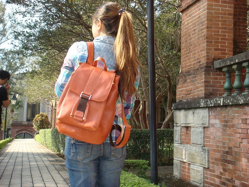『玩皮女孩』橘紅＿束口後背包 - 水桶袋/索繩袋 - 真皮 橘色