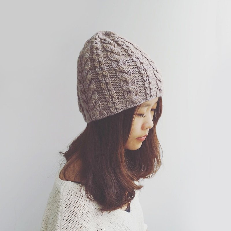 TwoWay three-dimensional twist knit caps / 100% Merino wool / hand-knit (adult size) - Hats & Caps - Wool Khaki