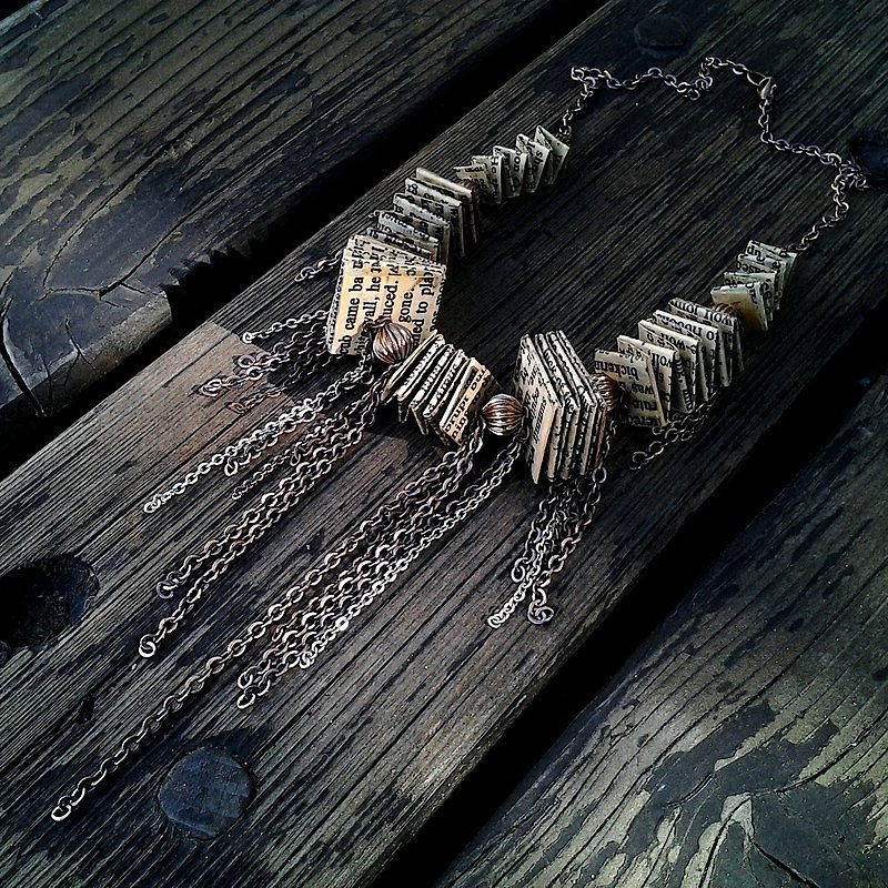 Muse recycled paper origami design [small through smoke] vintage tassel necklace bronze - Necklaces - Other Materials Multicolor