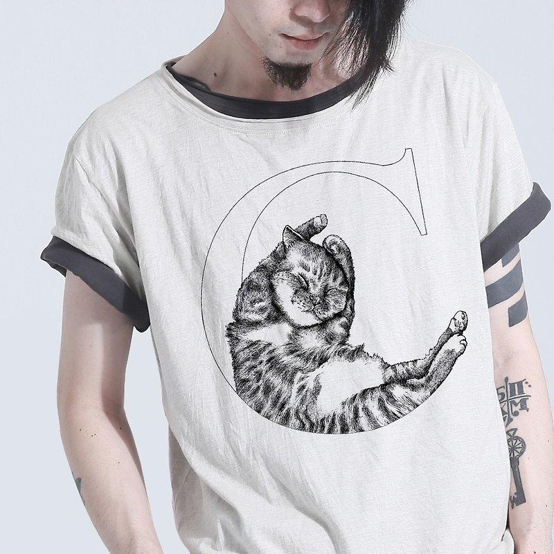 Cat 貓咪 手繪字母T - 男 T 恤 - 棉．麻 白色