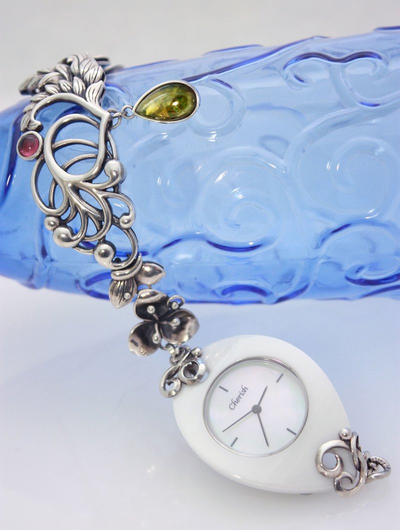 -植物風珠寶錶訂製- 純銀手鍊 手錶(主石或錶身需客戶自備) - 女裝錶 - 寶石 白色