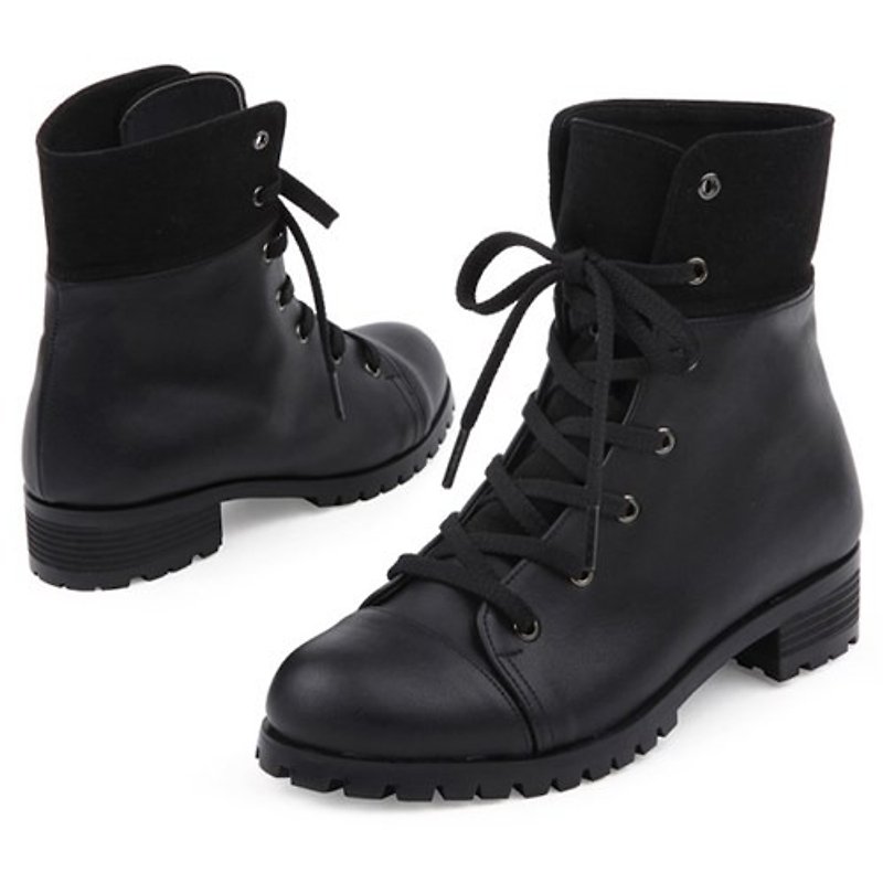 【Korean trend】SPUR Black contrast work boots FF7055 BLACK - Women's Booties - Genuine Leather Black
