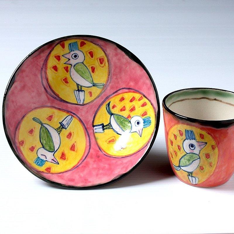 面白鳥の色絵フリーカップセット - 花瓶・植木鉢 - その他の素材 ピンク