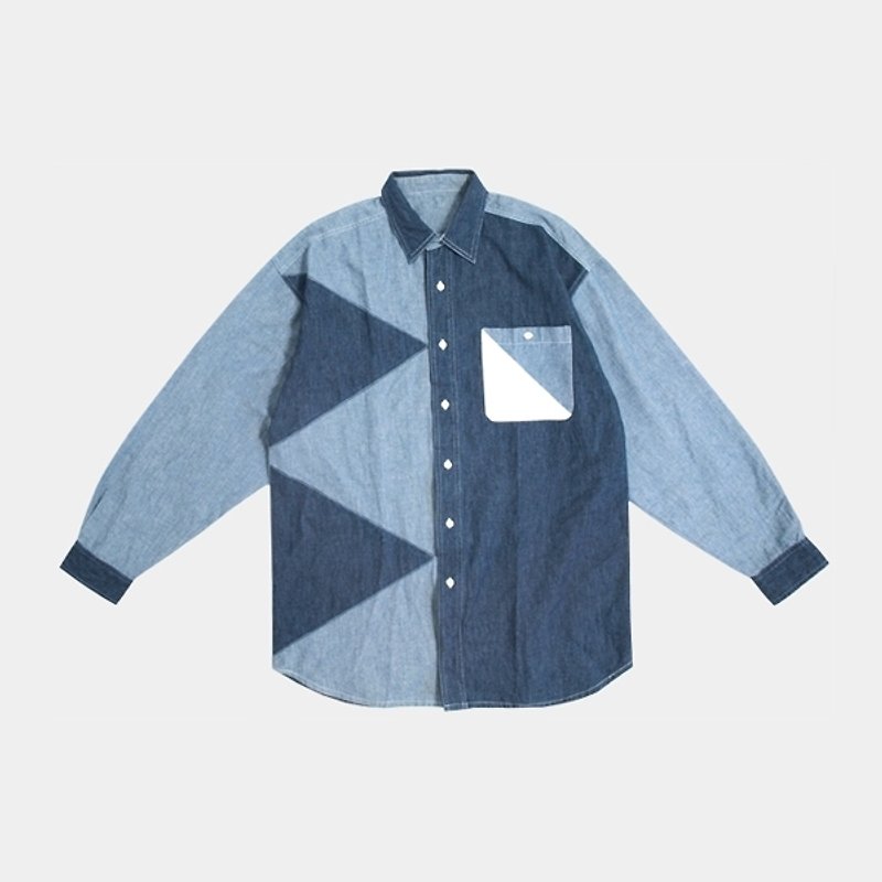 │moderato│ personality triangle vintage denim stitching shirts │ gift forest retro. Girlfriend and unique. Art - เสื้อเชิ้ตผู้หญิง - วัสดุอื่นๆ หลากหลายสี