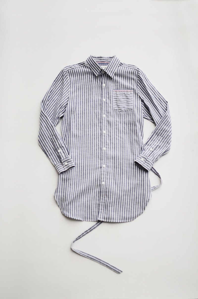 日本雙層紗條紋長版襯衫 - 男襯衫/休閒襯衫 - 棉．麻 藍色