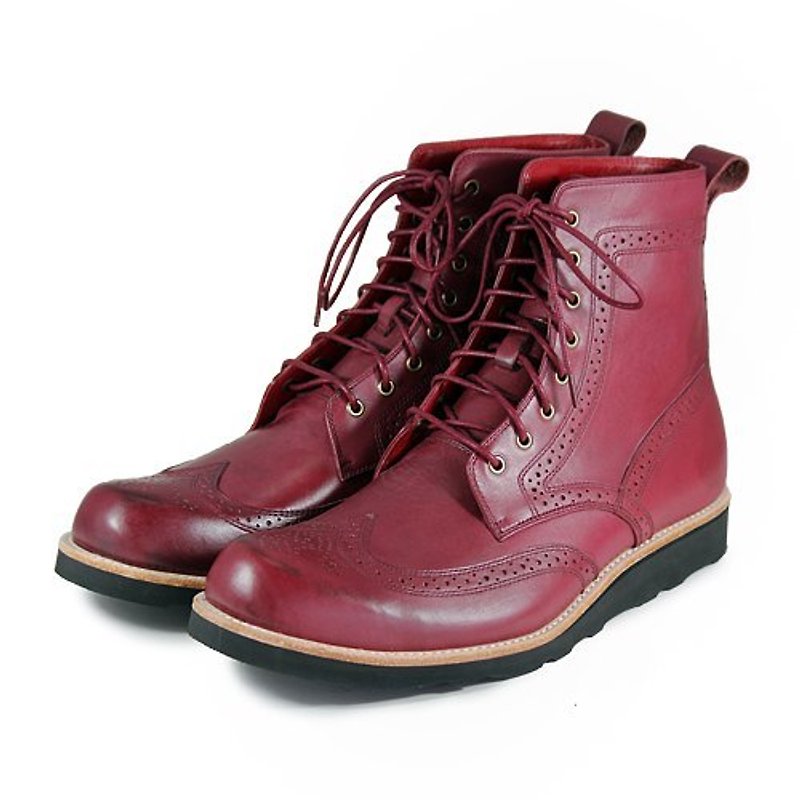 Sweet Villians M1128 手工真皮雕孔高筒靴 酒紅色 - 男款靴/短靴 - 真皮 紅色