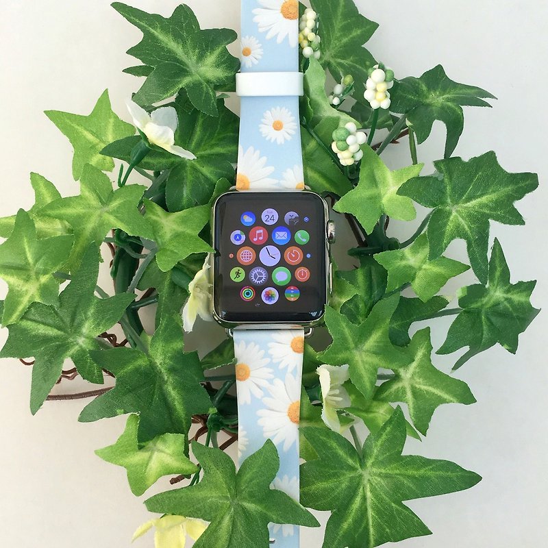 Apple Watch Series 1-5 用レザー時計バンドに白い菊プリント - 腕時計ベルト - 革 