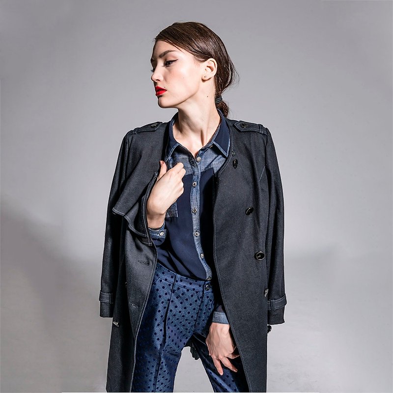 Long version of no collar windbreaker coat - black NOVI tannin - Women's Blazers & Trench Coats - Other Materials Black