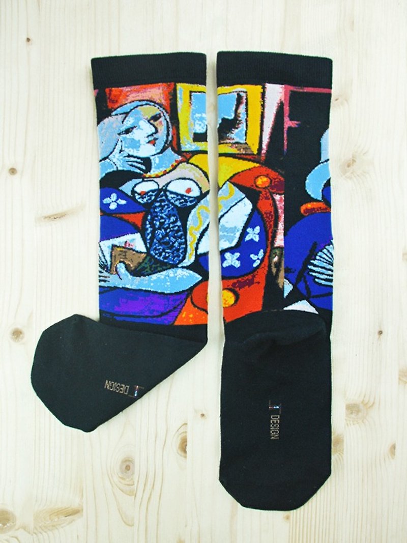 JHJ Design Canadian brand high-color knitted cotton socks famous painting series-woman socks with a book (knitted cotton socks) - ถุงเท้า - วัสดุอื่นๆ 