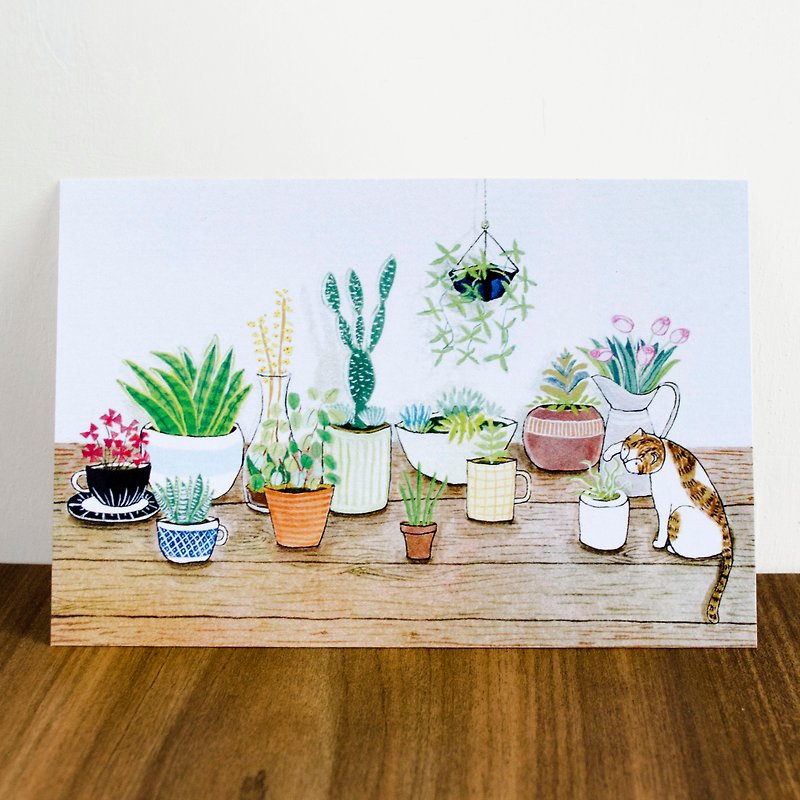 「手描きの水彩画のイラスト「はがき - 植物と猫の写真 - ポスター・絵 - 紙 