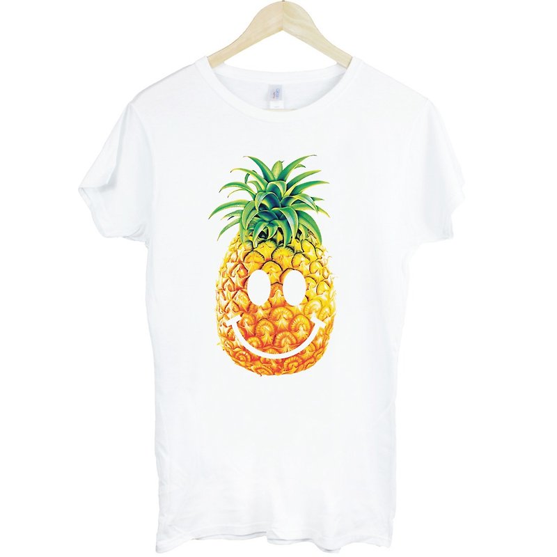 PINEAPPLE-Smile Girls Short Sleeve T-Shirt-White Pineapple Smile Face Cheap Fashion Design Homemade Brand Fashion Fruit - เสื้อยืดผู้หญิง - วัสดุอื่นๆ ขาว