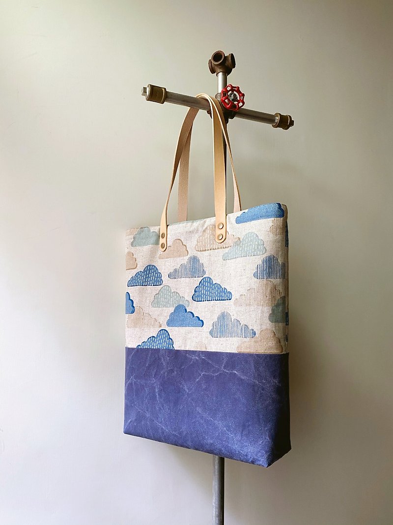 2色キャンバスバッグ（ブルー、クラウドプリント） - ショルダーバッグ - コットン・麻 ブルー