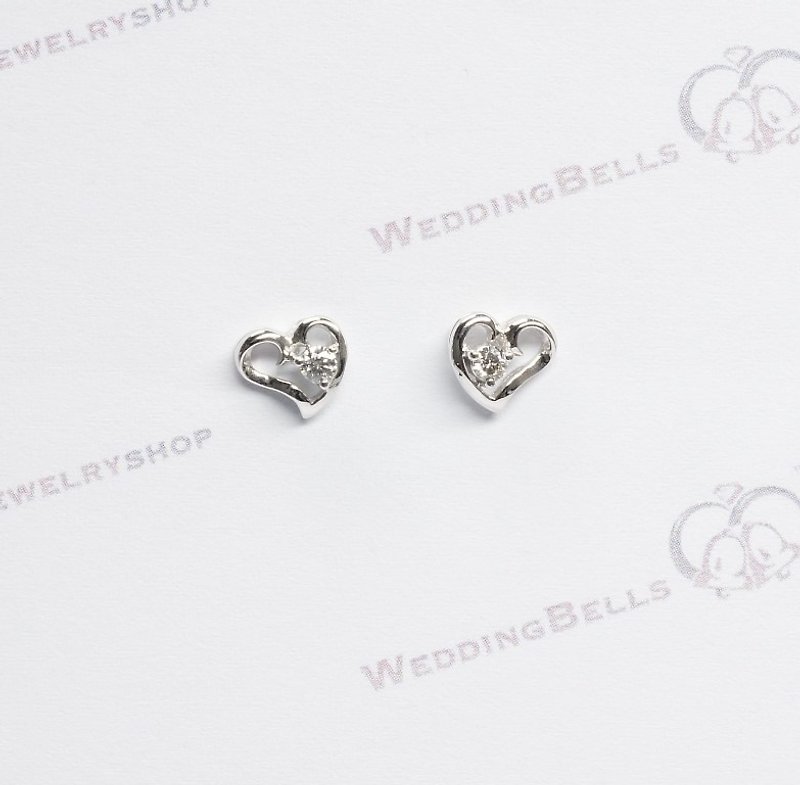 18K White Gold Diamond Ribbon Heart Shaped Stud Earrings / Heart (Free Shipping) - Earrings & Clip-ons - Diamond White