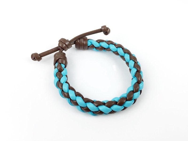 Light blue brown four-stranded braid - สร้อยข้อมือ - หนังแท้ สีน้ำเงิน