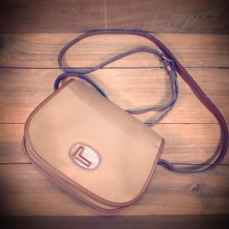 Old Bones Lancel Caramel Color Leather x Khaki Canvas Side Bag Vintage - Messenger Bags & Sling Bags - Other Materials Brown