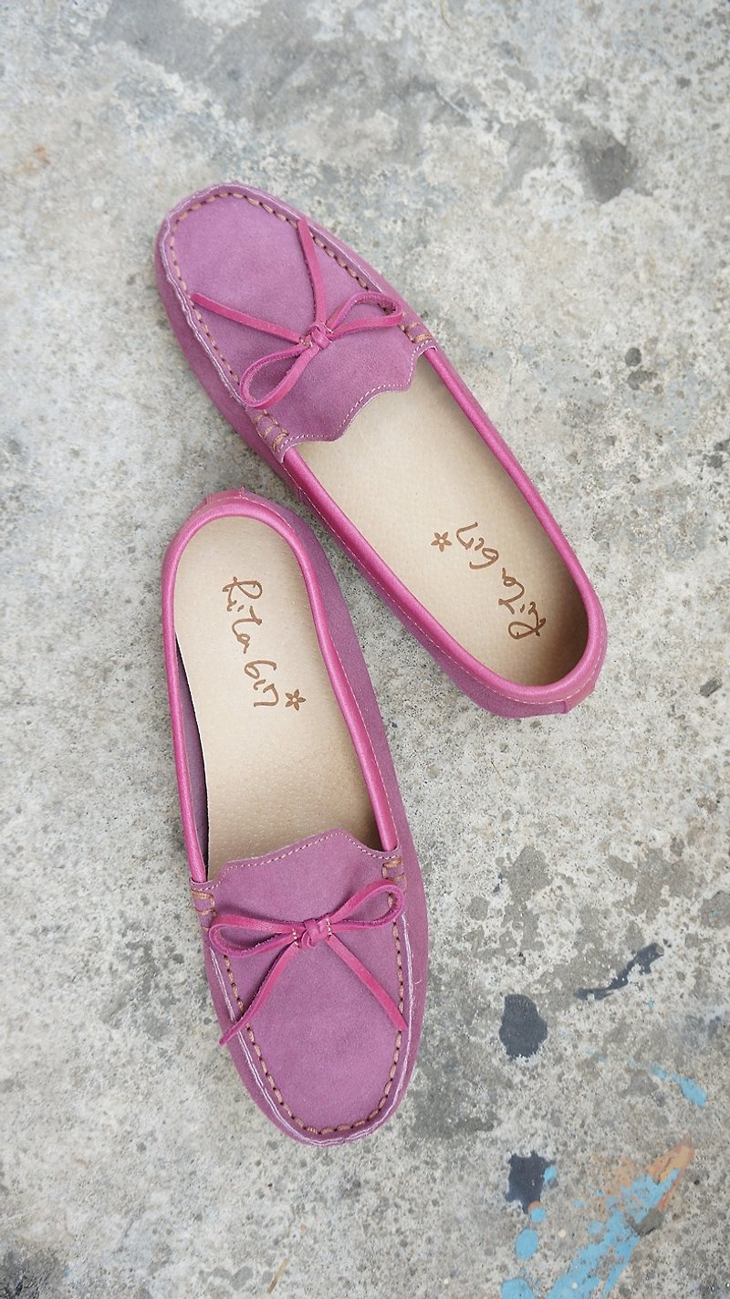 Soft 手縫平底鞋(茄紫+蝴蝶結) - รองเท้าลำลองผู้หญิง - หนังแท้ สีม่วง