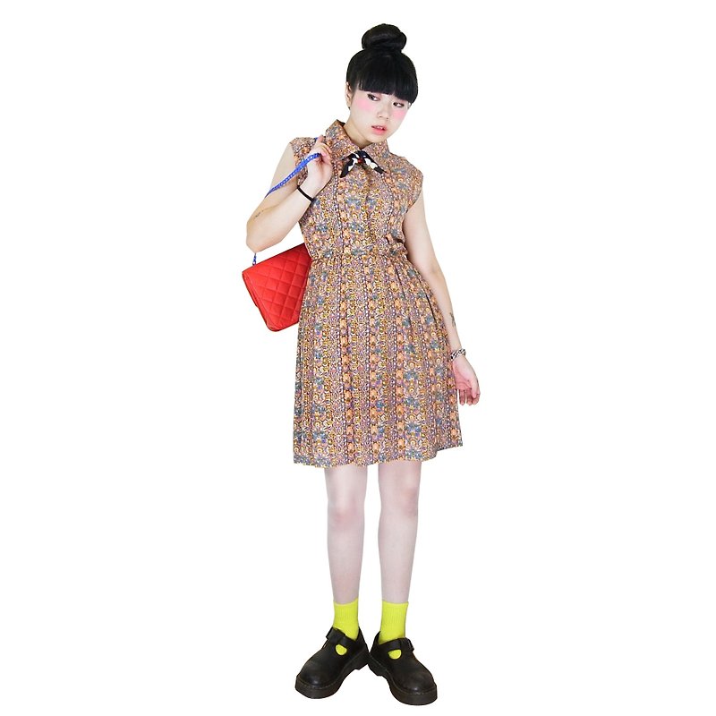 A‧PRANK: DOLLY :: VINTAGE retro with Nippon Continental carved flower pattern Modified vintage sleeveless mini dress - One Piece Dresses - Cotton & Hemp Multicolor