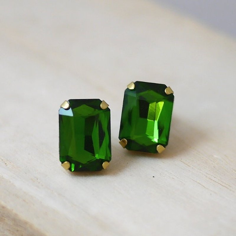 [* Charlene ‧ gold jewelry] diva series - octagonal glass needle earrings ‧ Green - ต่างหู - โลหะ สีเขียว
