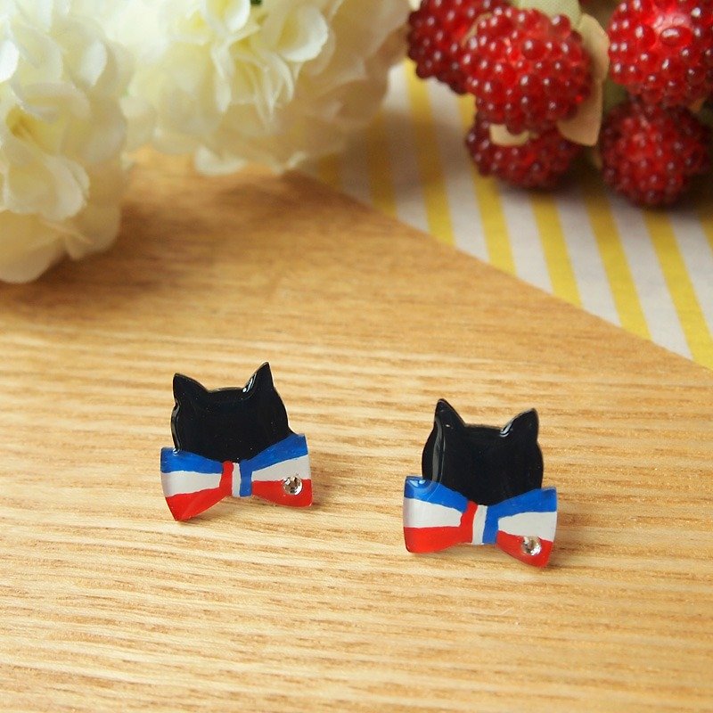 Meow - cat and french ribbon earrings - ต่างหู - พลาสติก สีดำ