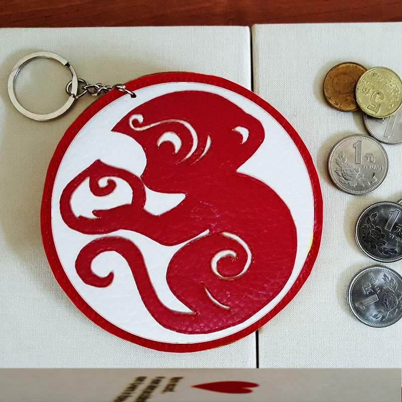 Monkey purse card sets custom engraving monkey - กระเป๋าใส่เหรียญ - หนังแท้ สีแดง