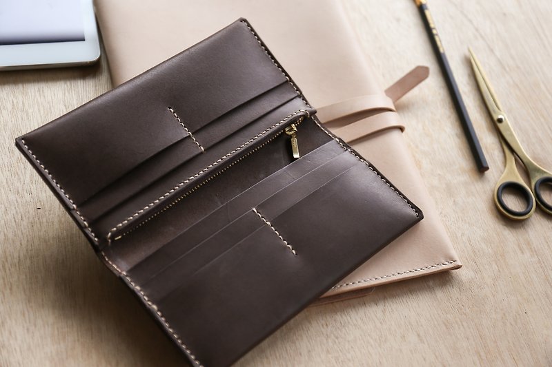 Shekinah Handmade Leather-Folding Minimalist Zipper Long Clip - Wallets - Genuine Leather Brown