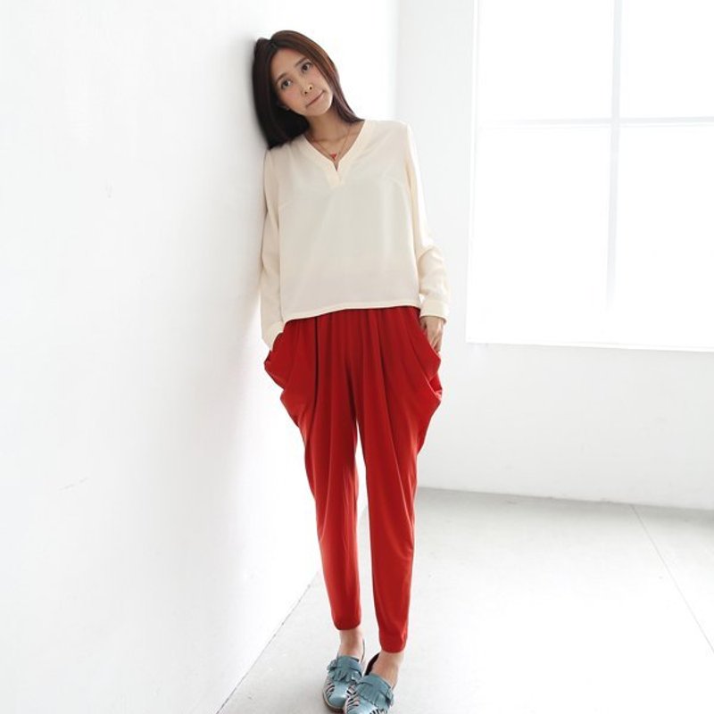 Candy colors drape shape pants - red - กางเกงขายาว - วัสดุอื่นๆ สีแดง