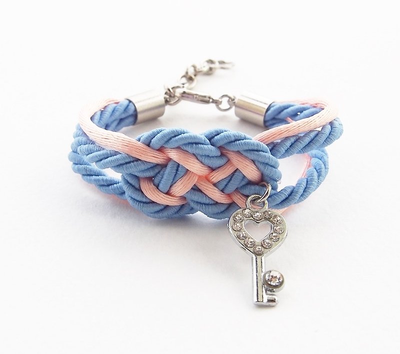 Blue and peach nautical bracelet with heart key charm. - 手鍊/手環 - 其他材質 藍色