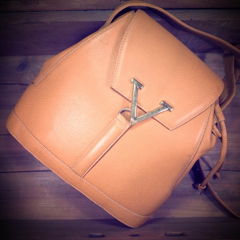 [Bones] Early Valentino orange embossed leather bucket bag beam port dorsal genuine antique print bag Vintage - Messenger Bags & Sling Bags - Genuine Leather Orange