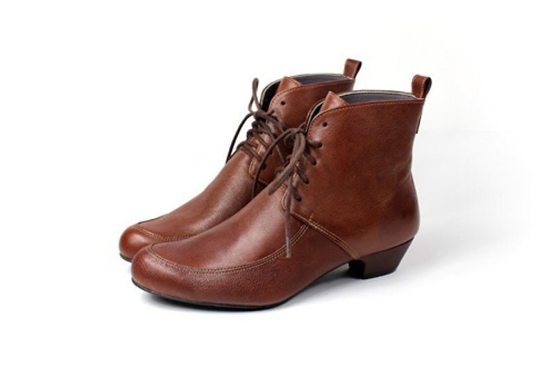 Coffee tie low heel boots - Women's Booties - Genuine Leather Brown