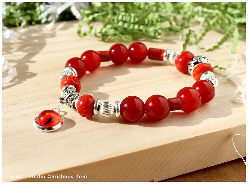 [聖誕禮物] 聖誕色系限量串珠手鍊 +10mm cat eye 吊飾 - CIRS-005 - Bracelets - Other Materials Red