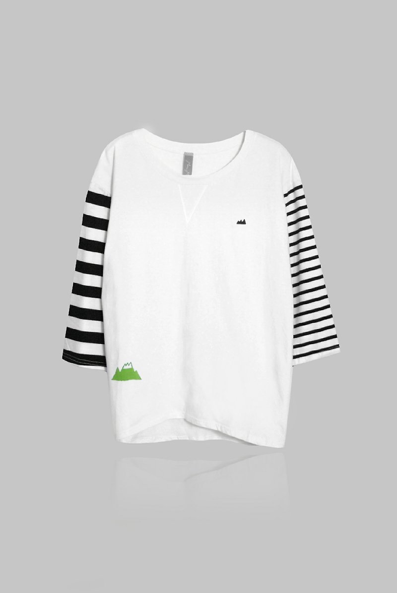 [Last] oil a green hill / asymmetric striped sleeve kick - เสื้อผู้หญิง - ผ้าฝ้าย/ผ้าลินิน ขาว